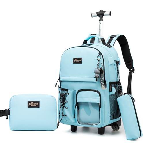 HTgroce Mochilas com rodas para meninas bagagem de viagem para estudantes da escola primária mochila escolar com de com lancheira, azul, Casual ou minimalista
