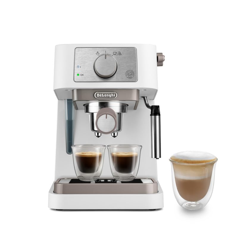 De'Longhi Stilosa EC260.W Manual Coffee Machine, 15 Bar Pressure, Cappuccino System, Automatic Shut-Off, Compatible with ESE Pads, 2 Tier Containers, Capacity 1 L, White