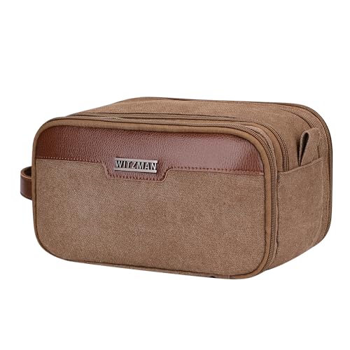 Image of WITZMAN Canvas Toiletry Bag for Men Large Capacity Hanging Dopp kit for Men Leather Toiletries Water-Resistant Bathroom Bag(A8002 Brown)