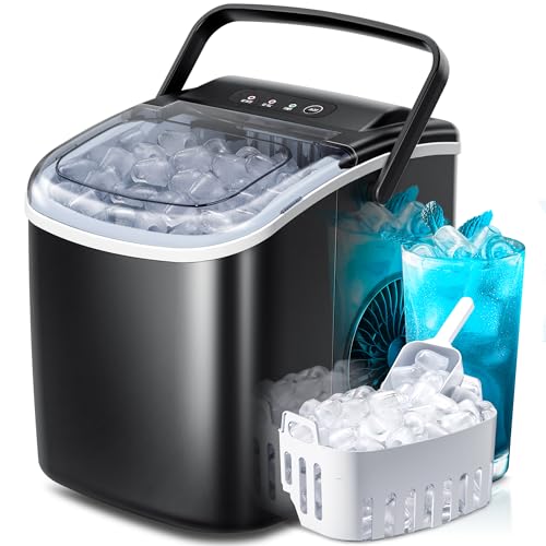 Crzoe Portable Countertop Ice Maker Machine with Handle, 9 Bullet-Shaped Ice Cubes Ready in 6 Mins, 26Lbs/24H, Self-Cleaning Function with Ice Scoop and Basket for Home/Kitchen/Party(Black)