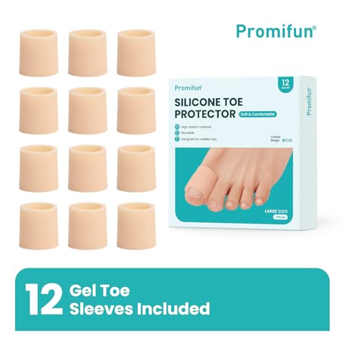 Image of Silicone Toe Protectors - 12 Pack Silicone Toe Sleeve for Hammer Toes, Corns, Calluses, Blisters - Soft Gel Toe Tube Pads for Pain Relief(Large Sizes, Beige)