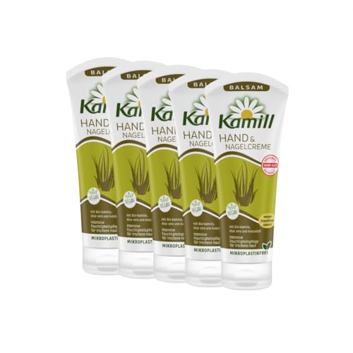 Confezione da 5 creme per mani e unghie di camomilla, balsamo, 5 x 100 ml, offre una cura intensa, umidità e protezione con olio di avocado e aloe vera per mani secche e stressate, senza microplastica