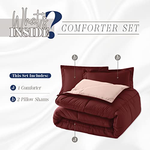 Image of Elegant Comfort 3-Piece Reversible Comforter Set, All Season Cozy, Soft Down Alternative, Quilted - Box Stitched - Duvet Insert with 4 Corner Tabs, Comforter with Shams, Cali King, Burgundy /Dusty Rose