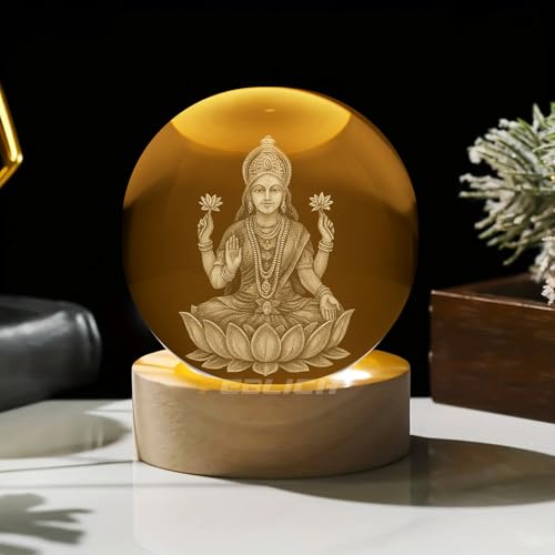 Image of 3D Laxmi MATA Crystal Ball Night Lamp, Laxmi Idol Crystal Ball Night Light, USB Table Colorful Led Wooden Crystel Ball for Home, Office, Birthday Gift (Laxmi MATA)