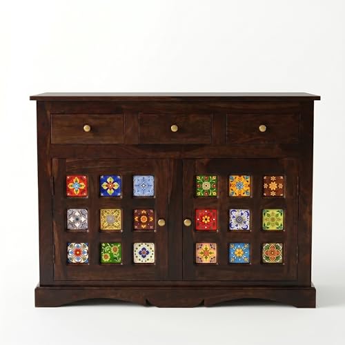 Image of SONA ART & CRAFTS Mini Tile Solid Sheesham Wood Sideboard Cabinet Storage Organizer with 2 Door & 3 Drawer Cabinet for Home Living Room & Bedroom Multi Shelves Cabinets Hallway Dinning (Walnut Finish)
