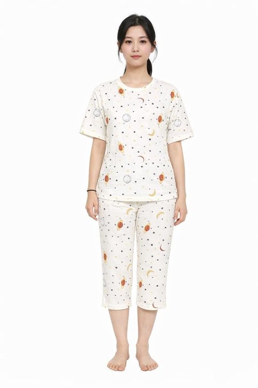 Image of Women Capri Pajama Set Korean Style Nightsuit Soft Breathable Top and Mid Length Pants Lightweight Loose Fit Nightwear Loungewear