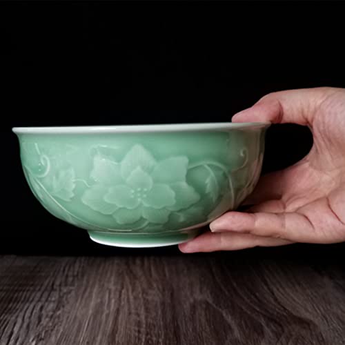 Cereal Bowls 17Ounce Salad Chinese Celadon 6 Inches Rice Bowl Embossed With Peony Porcelain(1, Green01) #TOP4