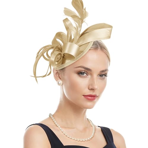 Gold Fascinators for Women 2 in 1 Ribbon Feather Headband & Hair Clip Elegant Vintage Tea Party Hats Wedding Guest Headwear for Derby Cocktail Bridal Mother of the Bride