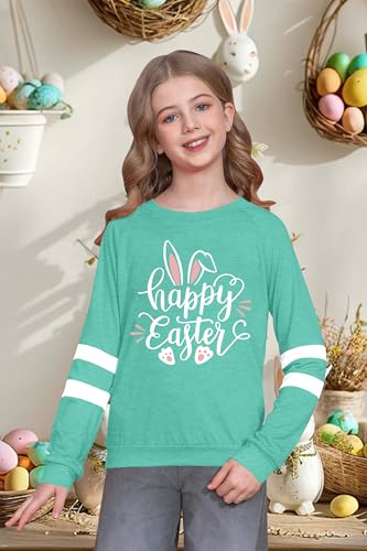 Image of LAZYCHILD Kids Easter Shirt Girls Happy Easter Shirts Rabbit Graphic Long Sleeve Striped Tee Tops 5-14 Years