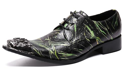 Santimon Mens Western Pointed Toe Leather Lace Up Dress Shoes Fashion Casual Metal Tip Oxford