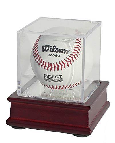 UV Single Baseball Holder Display Holder, Case - UV Protection Acrylic Cube with Wooden Stand (Cherry)