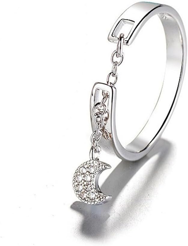 CZ Star Moon Chain Promise Statement Ring for Women Silver Gold-Toned Dainty Crystal Starless Crescent Tassel Dangle Drop Open Wrap Finger Rings Adjustable Comfort Fit Fashion Wedding Jewelry