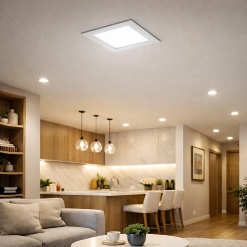 Image of EMITON LED Slim Panel Light | 6W Square Ceiling Panel Lamp | Cool White 6500K | 450Lm LED Output | Aluminium Body | Indoor False Ceiling Light for Home Office Kitchen Bathroom | White