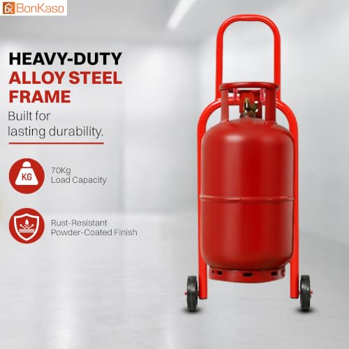 Image of Bonkaso Gas Cylinder Trolley with Handle for LPG Cylinder, Heavy-Duty Alloy Steel Hand Truck with 2 Fixed 100 mm Wheels, 70 kg Capacity, Powder-Coated Red Finish for Home & Commercial Use