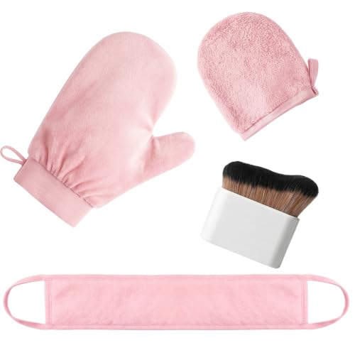 Image of 4 Pcs Tanning Mitt and Brush,Self Tanning Mitt Glove with Pink Applicator,Mini Fake Tan Mitts & Brushs Set,Reusable Lotion Applicator Gloves,Application Mitts for Body,Sunscreen Moisturiser Tool