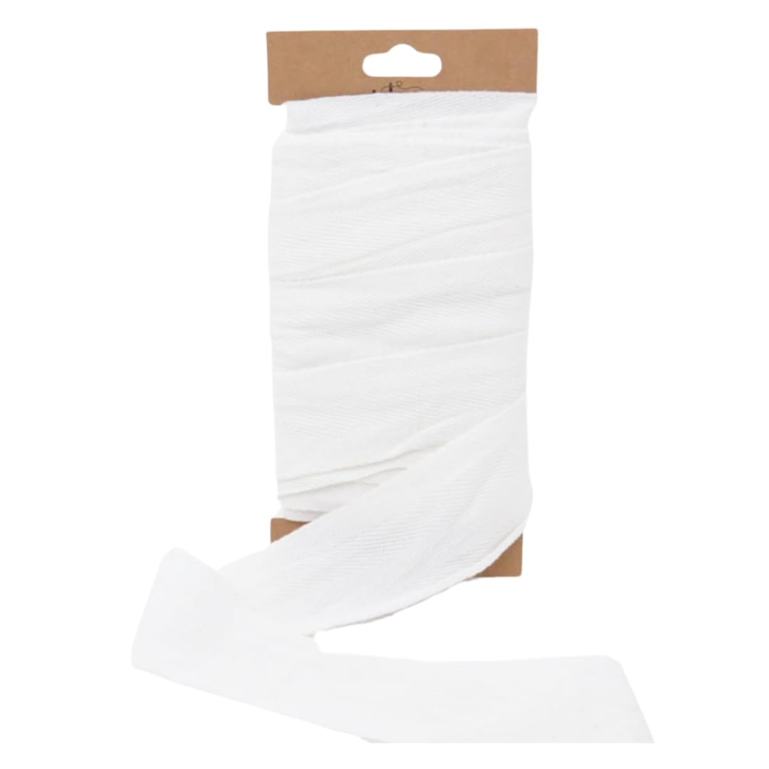 Trimz Double Herringbone Cotton Ribbon, White, 50mm x 5m