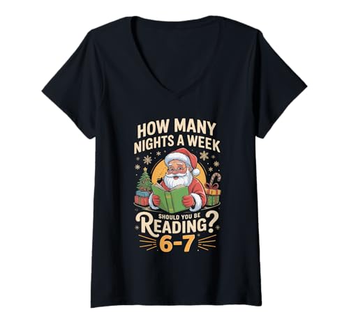 Womens Funny Santa Reading 67 Meme Tee Christmas Teacher Book Lover V-Neck T-Shirt