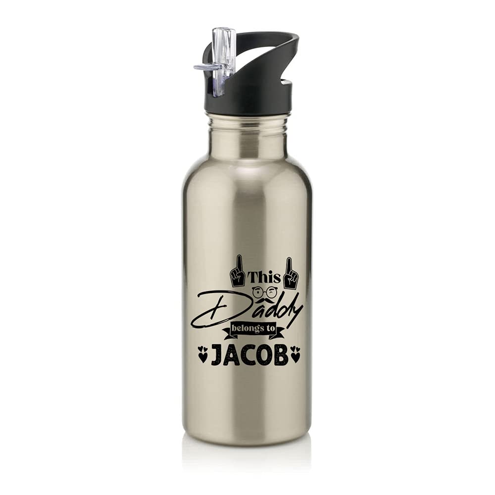 Getagift Silver Personalised This Daddy Belongs To Any Name Fathers Day Funny Dad Gift For Him Secret Santa Birthday Stainless Steel 600Ml Water Bottle With Straw. (Silver)