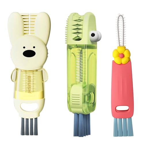 Saituo Home 3 Pezzi 3 in 1 Spazzola per La Pulizia del Coperchio della Tazza, Scovolino per Bottiglie, Spazzole per Pulizia Premium Multifunzionale (Fiori, Coniglio e Coccodrillo)