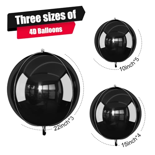 Image of 12PCS Metallic Black Round Foil Balloons 22 inch 15 inch 10 inch Large Mylar Balloons | Shiny Black 4D Ball Balloons for Birthday Party, Graduation, Wedding, Christmas, New Year, Disco Prom Party Decorations