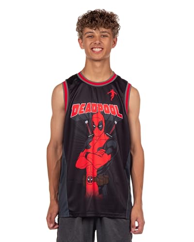 Marvel Deadpool Basketball Jersey Men's Dead Baller Athletic Gym Tank Top (Large) Black