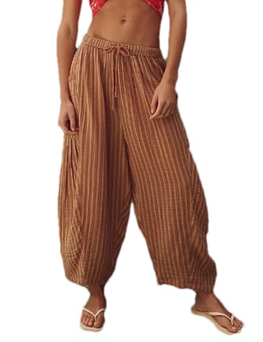 Womens Striped Lantern Harem Pants Elastic Drawstring Lounge Palazzo Pants Trousers with Pockets