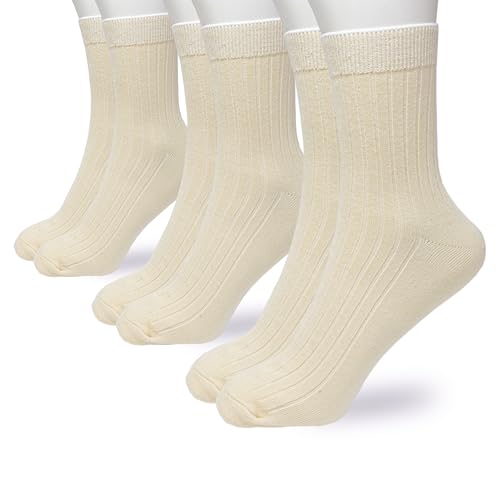 Image of 3 Pairs Crew Socks Midweight Undyed Cotton Blend Socks for Women Girls