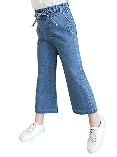 Aislor Kids Little Girls Cotton Loose Straight Wide Leg Denim Pants Elastic Waist Jeans Casual Trousers with Pockets