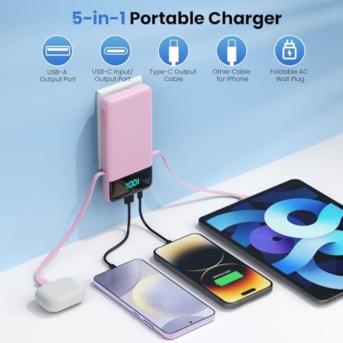 Image of Portable Charger Power Bank for iPhone with Built-in Cables and AC Wall Plug, 13800mAh Ultra Slim Travel Essentials,USB C Fast Charging External Battery Pack for iPhone 17 /16 /13,Galaxy,Android-Pink