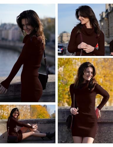 Image of v28 Sweater Dress for Women Ribbed Knit Fitted midi Sexy Fall Winter Bodycon Cowl Neck Dresses