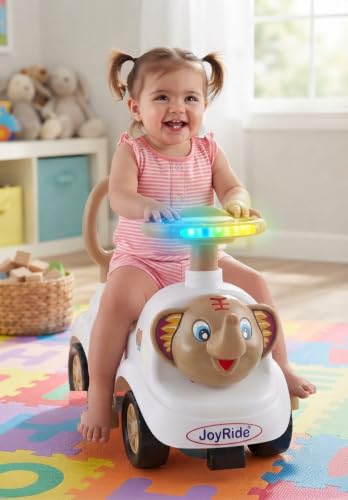 Image of JoyRide Ride on & Car for Kids with Music & Horn Steering, Push Car for Baby with Backrest,Under Seat Storage & Big Wheels, Ride on for Kids 1 to 3 Years Upto 25 Kgs (Elephant, Brown)