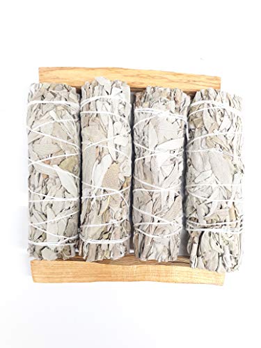 Spiritual Guide Premium California White Sage Smudge Sticks - 4 Bundles of 4 inch sage with 2 Pieces of 4 Palo Santo Sticks for Meditation, Healing, Cleansing & Smudging Ritual. 100% Organic