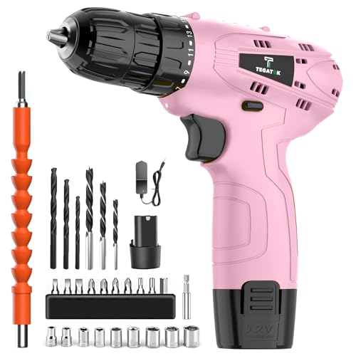 Image of Tegatok Cordless Drill Set,12V Power Drill Set with Battery and Charger, Electric Driver Drills Bits, 3 /8'' Keyless Chuck,18+1 Torque Setting with LED Electric Drills Set, Pink
