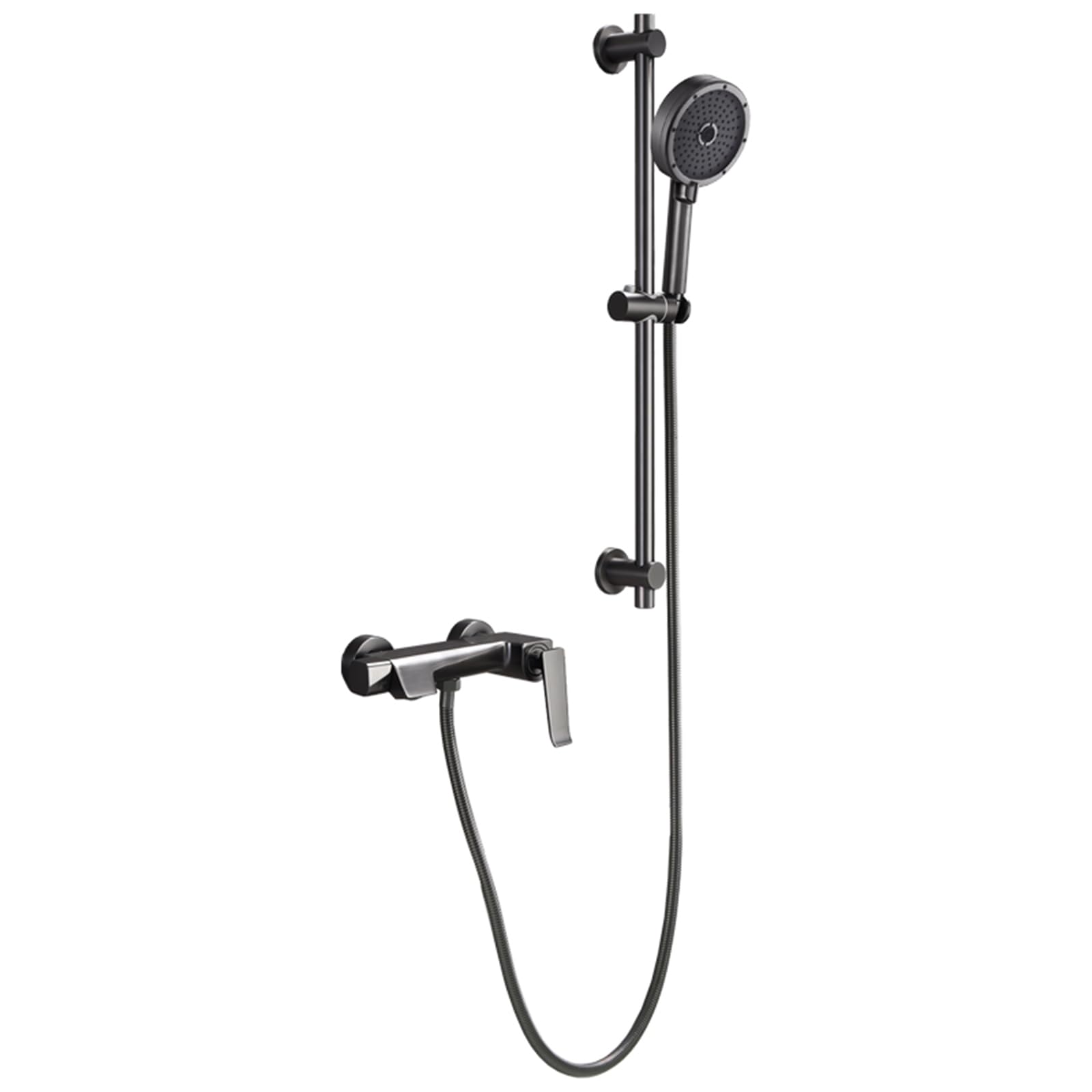 Robinet de bain et de douche mitigeur gris mural avec flexible et pommeau