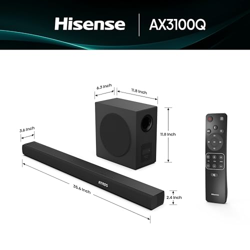 Image of Hisense AX3100Q 3.1ch Soundbar with Wireless Subwoofer, Dolby Atmos, DTS:X, Center Channel, App Control & Remote Control, Bluetooth 5.3, Roku TV Ready, 7 EQ Modes