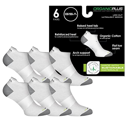 GSA OrganicPlus[+] Cotton Ultralight & Advanced Comfort | Long-Lasting Durability | Reinforced Heel and Toes | Low Cut Men’s Performance Socks | White | M