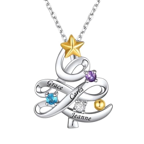 Custom4U Birthstone Name Pendant Necklace for Women, Custom Name Necklace with 1-5 Birthstones CZ, Silver/Gold Plated Personalized Jewelry New Mom Grandma Gifts for Birthday Mother's Day Chr