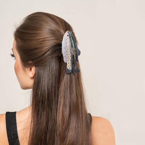 Fish Hair Claw Clip, 5 Inch Pearlescent White with Dots, Metal Spring Grip, Hair Accessory for Women