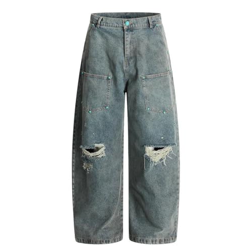 Men’s Ripped Jeans with Rivets, Retro High Street Washed Distressed, Loose Wide Leg Denim Pants2