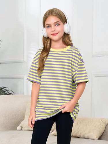 Image of Haloumoning Girls Striped Short Sleeve T Shirts Kids Summer Oversized Tops Casual Crewneck Tees 5-14 Years