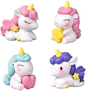 Unicorn Mini Figures Set, 4 PCS Unicorn Birthday Cake Decoration Unicorn Cake Toppers DIY Dollhouse Micro Landscape Ornaments Cartoon Unicorn Figures Model for Kids Birthday Party Baby Shower