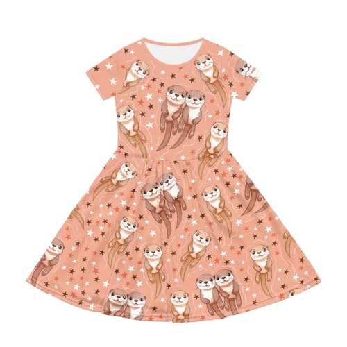 Girls Cute Spring Dress Size 2-14 Short Sleeve Swing Twirl Dress Crew Neck Midi Dress with Pockets