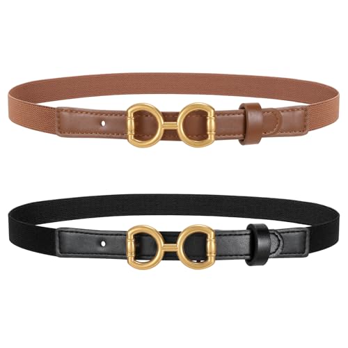 2 Pack Skinny Elastic Belts for Women Waist Belt for Dress Pants Thin Stretch Belt with Gold Buckle