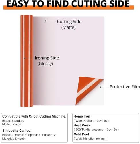 Image of HTVRONT Heat Transfer Vinyl Roll - 12 inch x 8ft Orange HTV Vinyl for T Shirts, Burnt Iron on Vinyl Compatible with Cricut Cutting Machine - Easy to Cut & Weed for Heat Vinyl Design (Texas Orange)