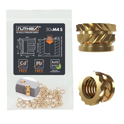 ruthex M4 Threaded Inserts Short - 50 Pieces RX-M4Sx4.0 Brass Heat Set Insert for Plastic Parts - Metric knurled Nuts - Insert by Heat into 3D Printing Components