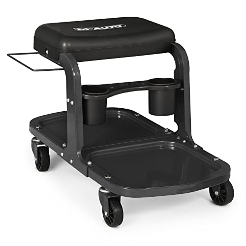 M-Auto Garage Roller Seat Heavy Duty Rolling Shop Mechanic Creeper/Shop Stool With Tool Tray And Equipment Rack, 300Lbs Capacity Creeper Seat With 5 Rollers For Detailing Car, Red #TOP7