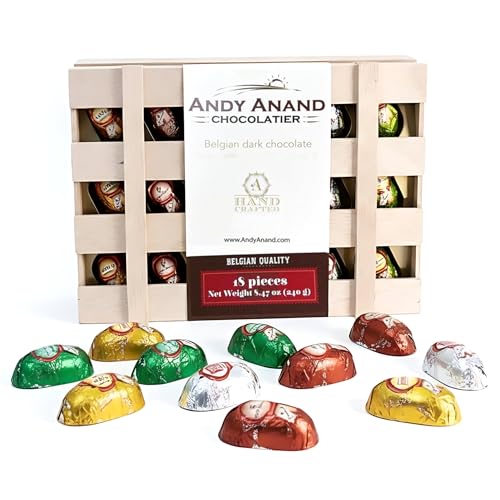 ANDY ANAND CHOCOLATIER European Flavored Dark Chocolate Bottles – 18 Pcs, 240g Non-Alcoholic 60% Bittersweet Cocoa, Gourmet Bottle-Shaped Chocolates in Wooden Gift Box