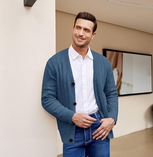 COOFANDY Men's Cardigan Sweater Cable Knit V Neck Button up Sweaters Ribbed Cardigan Sweater with Pockets3