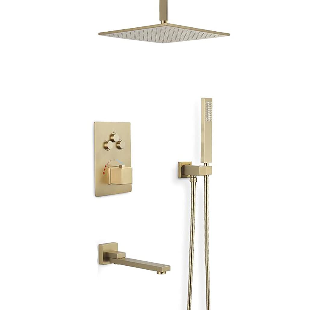 AYCDL Brushed Gold Brass Concealed Thermostatic Ceiling Mounted Bathroom Shower Faucet Set with 10-12" Square Rainfall Shower Head and Handheld Tub Taps, Luxury Showe,size_name-12 Inch