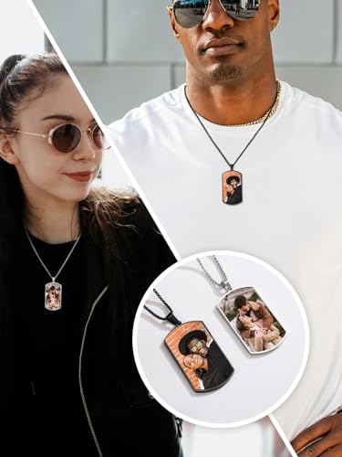 PiercingJak Personalisierte Dog Tag Halskette Foto Text Beidseitig Gravur Edelstahl Hundemarke Anhänger mit 24'' Kette Memorial Schmuck Liebe Freundschaft Geschenke für Damen Herren